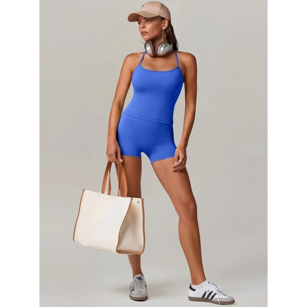 Women Workout Set Built in Bra 2 Pc Outfits Tank Tops Tummy Control Short B23